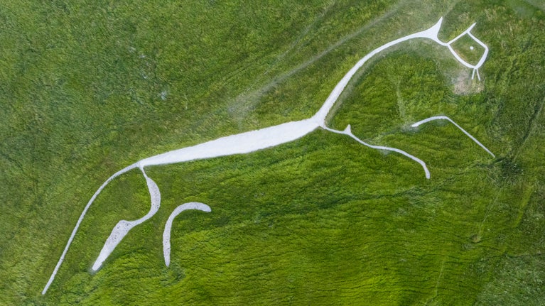 The chalk horse figure at Uffington, Oxfordshire after restoration work